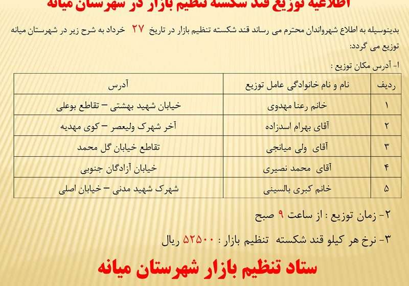  اطلاعیه توزیع قند شکسته تنظیم بازار در شهرستان میانه