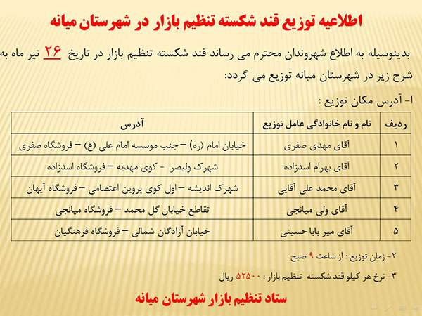  اطلاعیه توزیع قند شکسته تنظیم بازار در شهرستان میانه