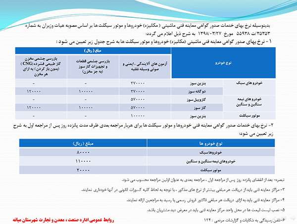  نرخ بهای خدمات صدور گواهی معاینه فنی ماشینی ( مکانیزه) خودروها و موتور سیکلت ها