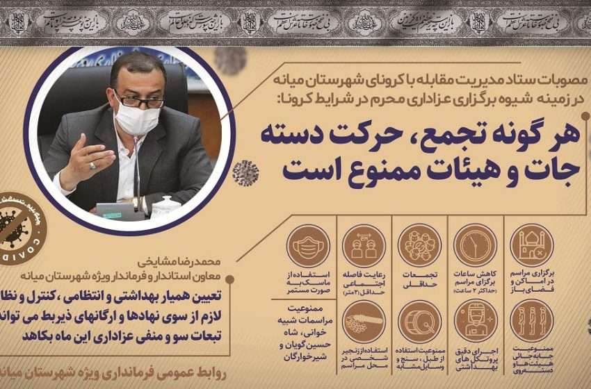  اینفوگرافی- مصوبات ستاد مدیریت مقابله با کرونای شهرستان میانه در زمینه  شـیوه برگـزاری عـزاداری مـحرم در شـرایط کـرونـا